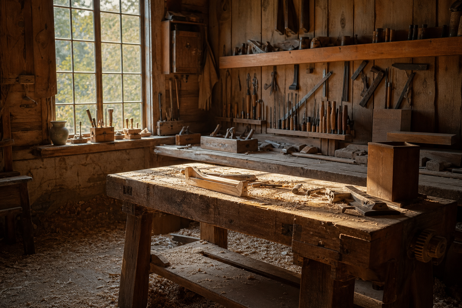Carpentry Shop with Tools and Workbench