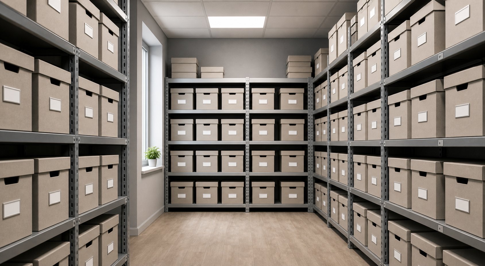 Organized Records Room with Neutral Tones and Soft Lighting Organized Records Room with Neutral Tones and Soft Lighting